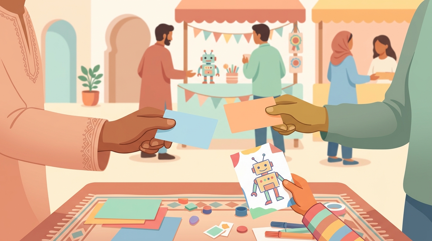 Des mains d'adultes échangent des cartes de visite colorées et une main d'enfant tient une carte avec un robot dessiné